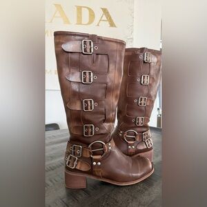 Men's Brown Leather Buckle Knee-High Boots/Use